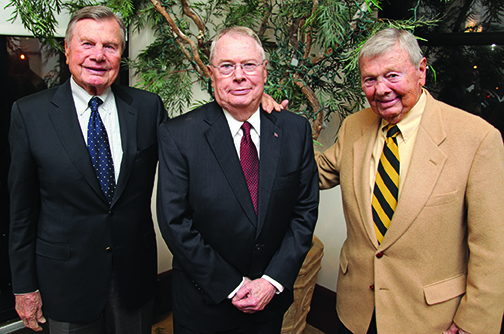 In October 2013, Harold Hook (center) received the Distinguished Service Award from the Mizzou Alumni Association, one of the association’s highest honors. Two of his three older brothers were able to attend the ceremony—Oliver (left) and Jim (right). All four brothers attended the University of Missouri.