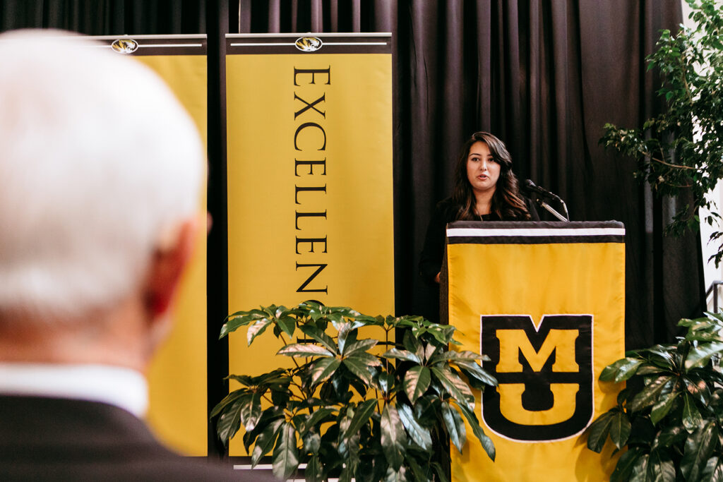 Taylor Devault speaks during the ceremony.