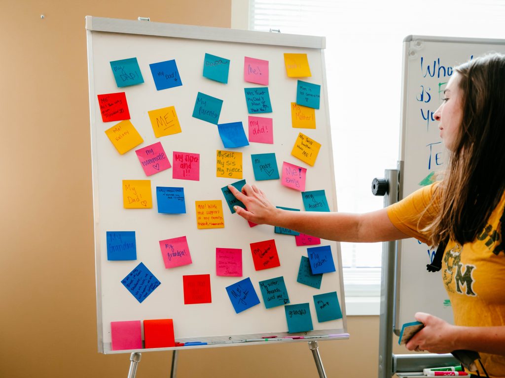 first-generation student celebration in Townsend Lobby, noteboard with colorful sticky notes