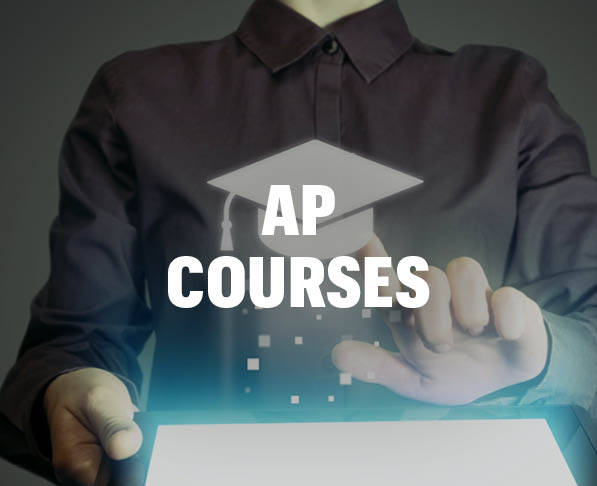 Mizzou Academy AP Courses, photo of woman tapping screen with graduation cap icon and tablet